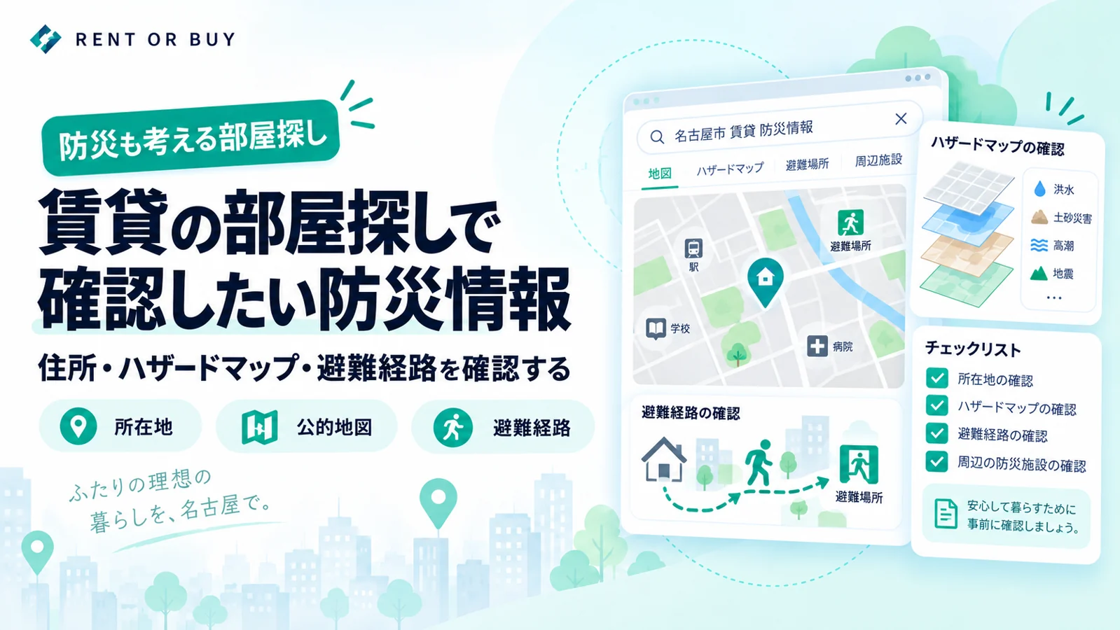 賃貸の部屋探しで確認したい防災情報を説明する図解