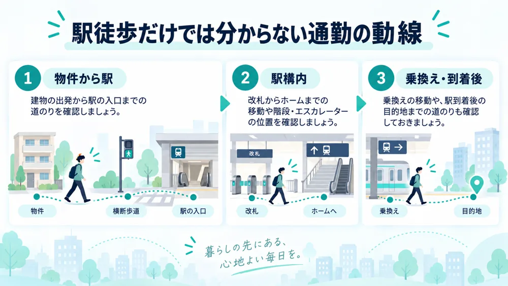 物件から駅、駅構内、乗換えと到着後までの通勤動線